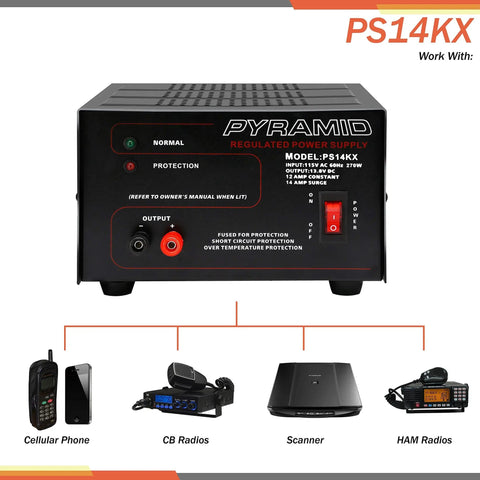Front view of Pyramid PS14KX regulated power supply with inputs for cellular phone, CB radios, scanner, and HAM radios.