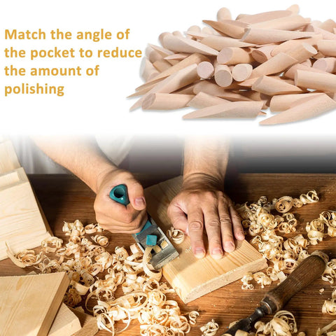 100 Piece Solid Wood Pocket Hole Plugs For Three Eighths Inch Pine Wood on table with woodworking tools and shavings