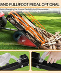 Image showing the Beefy ATV Dump Cart With 1500 Lbs Capacity unloading firewood using a hand pull and foot pedal feature.