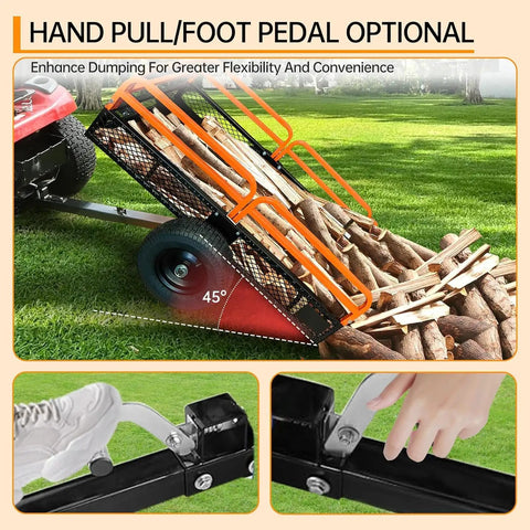 Image showing the Beefy ATV Dump Cart With 1500 Lbs Capacity unloading firewood using a hand pull and foot pedal feature.
