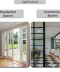 Applications for heavy duty steel housing with black plastic latch for patio sliding doors shown in residential and commercial spaces.