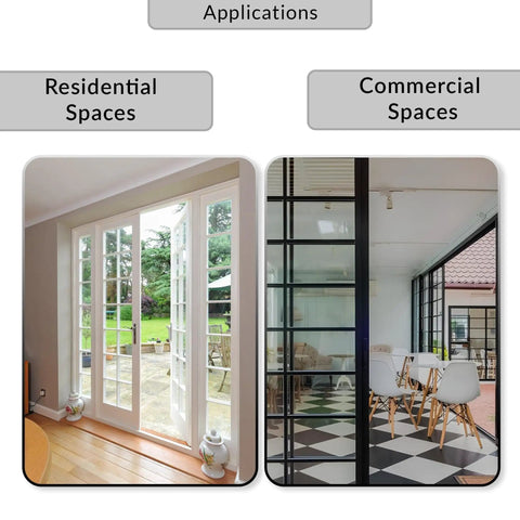 Applications for heavy duty steel housing with black plastic latch for patio sliding doors shown in residential and commercial spaces.