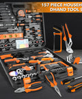 157-piece household tool set in durable plastic toolbox with pliers, wrenches, screwdrivers, socket set, hacksaw, and level