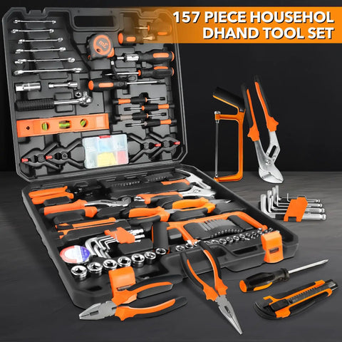 157-piece household tool set in durable plastic toolbox with pliers, wrenches, screwdrivers, socket set, hacksaw, and level
