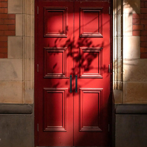 Red double doors with Black Cast Iron Cabinet Pulls And Handles Set For Doors Gates Fence Garage Closet Indoor Outdoor Use