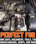 Orange Degreaser Spray For Engines And More Heavy Duty All Purpose Cleaner Pro Strength Breaks Down Grease Oil And Grime 16 Oz bottle on engine with before and after cleaning results.