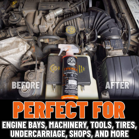 Orange Degreaser Spray For Engines And More Heavy Duty All Purpose Cleaner Pro Strength Breaks Down Grease Oil And Grime 16 Oz bottle on engine with before and after cleaning results.