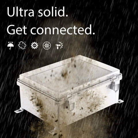 IP67 Waterproof Junction Box Enclosure for Outdoor Electrical Projects with rain and mud splashes, showcasing durability