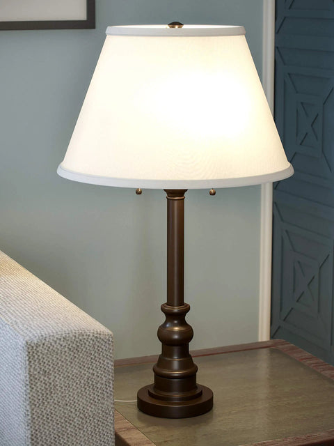 Spyglass Table Lamp with Bronze Finish, Dual Pull Chains, White Linen Shade, Retro Modern Luxe Vibe, Classic Mid Century Style