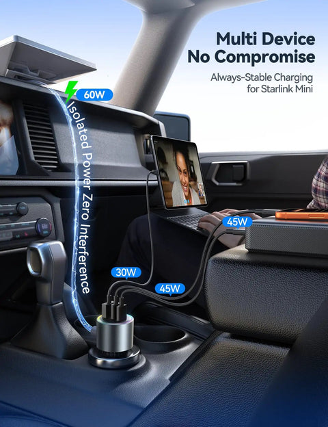 Rock Solid Cigarette Lighter Car Adapter With Hella Tough Waterproof Cord dual PD 45W and USB A 30W charging multiple devices in vehicle.