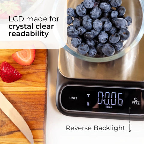 Beast Mode Precise Waterproof Digital Kitchen Scale With 0.1g Accuracy, 11lb Capacity displaying 0.006 lb oz with blueberries
