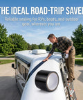 Man applying Heavy Duty Waterproof Duct Tape That Sticks Like Crazy For Indoor And Outdoor Repairs A Go To Home Fix For PVC Leaks Buckets And Plumbing Sealing Moisture Resistant Seal 4.9 Feet By 0.6 Inch to an RV roof for outdoor repair.