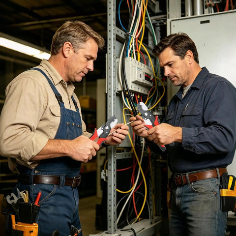 Two electricians using Heavy Duty 8 Inch Wire Stripper And Cable Crimper Tool Manganese Steel Blade for cable preparation.