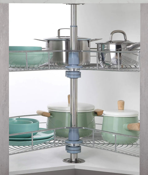 Base Corner Cabinet Lazy Susan Organizer Kidney Shaped 28 Inch Diameter 270 Degree Turntable With 2 Shelves Chrome Finish