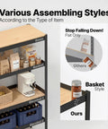 Heavy Duty 5 Tier Garage Shelving Unit Boltless Adjustable Metal Storage Rack 36.2 Inch Wide Standing Shelves For Garage Pantry Closet Or Office Black displaying various assembling styles with items on shelves.