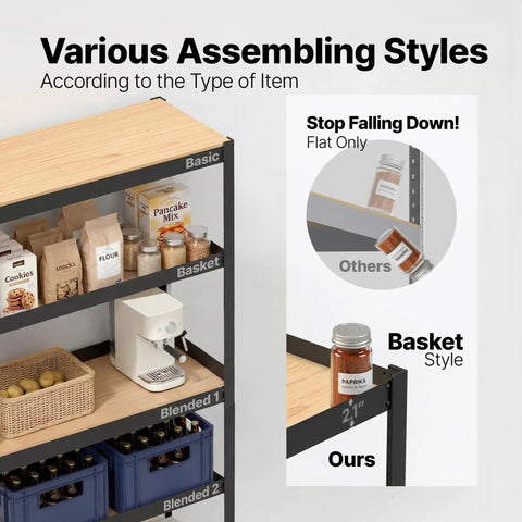 Heavy Duty 5 Tier Garage Shelving Unit Boltless Adjustable Metal Storage Rack 36.2 Inch Wide Standing Shelves For Garage Pantry Closet Or Office Black displaying various assembling styles with items on shelves.