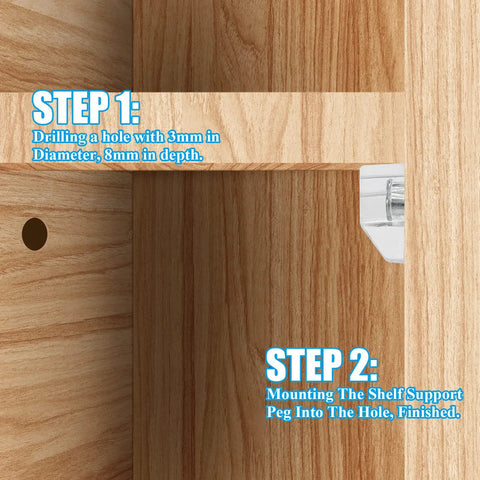 Heavy Duty Clear Shelf Pin Pegs 3mm With Solid Zinc Steel Core 30 Pack shown in a hole on wooden cabinet for installation.