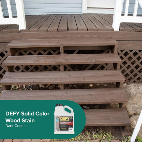 Solid Color Wood Stain For Decks And Fences UV Resistant Opaque Finish That Hides Imperfections Long Lasting Exterior Paint With Zinc Nano UV Protection 1 Gallon in Dark Cocoa applied on wooden porch steps