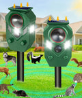 Solar Ultrasonic Animal Repeller With Motion Sensor Outdoor Pest Deterrent For Cats Dogs Rabbits Mice Squirrels Raccoons Skunks And Deer Waterproof Yard Garden Farm Defense With Flashing Light 2 Pack on stakes in a lawn