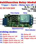Plug And Play Digital LED Display Delay Timer Relay Module showing circuit board, display, and connection points for DC 5V 12V 24V systems.