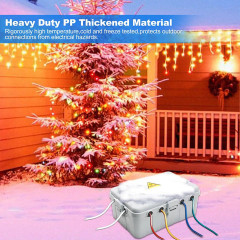 Large Outdoor Electrical Box With IP54 Weatherproof Cover 8 Cable Ports for Outlets Timers Extension Cords in snowy garden scene