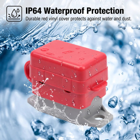 Dual Pack 30A 12V Circuit Breakers With Clear Covers And Red Indicators viewed in water, showing durable red vinyl cover for protection.