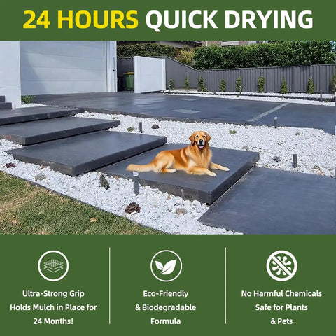 Modern yard with Heavy Duty Garden Glue That Sticks Mulch Stones Pebbles Pine Straw and Gravel in Place, Weatherproof and Non Toxic