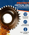 Close-up of a gear with heavy duty full synthetic gear oil 75W-90 GL-5 differential fluid pouring out.