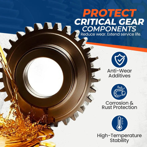 Close-up of a gear with heavy duty full synthetic gear oil 75W-90 GL-5 differential fluid pouring out.
