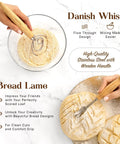 All In One Sourdough Bread Proofing Kit With Lame Danish Whish Bowl And Dough Scraper Two Slings And Baking Mat Complete Starter Set For Home Bakers And Weekend Kitchen Pros, showing dough in bowl with whisk and scored bread.