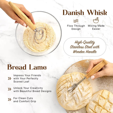 All In One Sourdough Bread Proofing Kit With Lame Danish Whish Bowl And Dough Scraper Two Slings And Baking Mat Complete Starter Set For Home Bakers And Weekend Kitchen Pros, showing dough in bowl with whisk and scored bread.