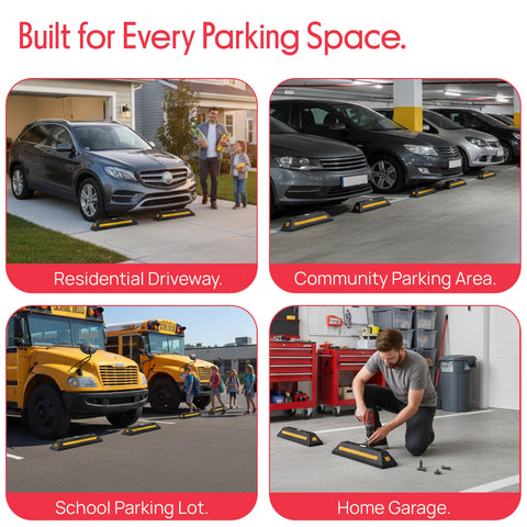 Beefy Two Pack Heavy Duty Rubber Wheel Stops For Garage Parking installed in various parking spaces, showing durability and visibility.