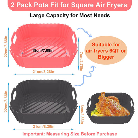 2 Pack 8 Inch Square Air Fryer Silicone Pots With Food Safe, Heat Resistant Silicone Basket Liners, Reusable, Easy To Clean, Includes Heat Proof Gloves