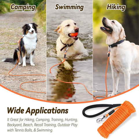 Three dogs using Heavy Duty Check Cord Dog Leash Long Training Lead for camping, swimming, hiking; features 360-degree rotating clasp.
