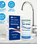 Water Hardness Test Strips Kit For Drinking Water Pools Hot Tubs Spas Dishwashers And Well Water Quick And Accurate Calcium And Magnesium Readings With Easy Color Chart No Fuss No Guesswork next to a faucet