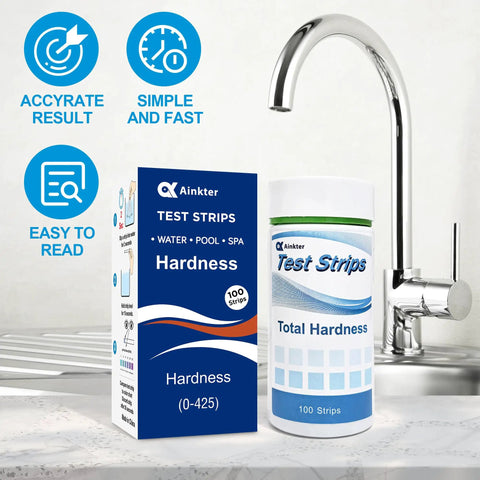 Water Hardness Test Strips Kit For Drinking Water Pools Hot Tubs Spas Dishwashers And Well Water Quick And Accurate Calcium And Magnesium Readings With Easy Color Chart No Fuss No Guesswork next to a faucet