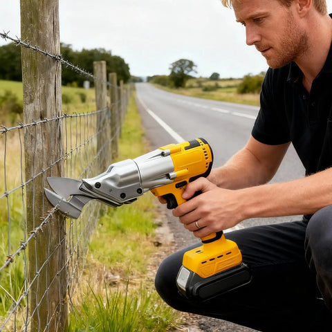 Cordless Metal Shear Sheet Cutter With 360 Degree Pivoting Head cutting wire mesh by a road