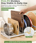 Adjustable Bakeware Organizer Pot Lid Holder Rack for pots, cake molds, cutting boards, mats and cookware storage, extendable width.