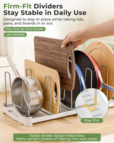 Adjustable Bakeware Organizer Pot Lid Holder Rack for pots, cake molds, cutting boards, mats and cookware storage, extendable width.