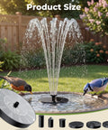 Solar Fountain Pump With Six Nozzles, 2026 Upgraded High-Efficiency Solar Panel in bird bath with two birds