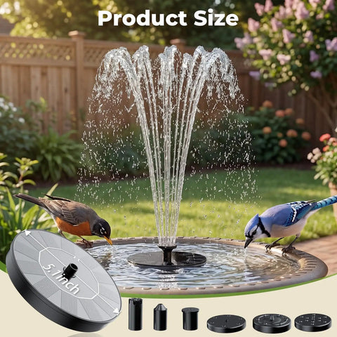 Solar Fountain Pump With Six Nozzles, 2026 Upgraded High-Efficiency Solar Panel in bird bath with two birds
