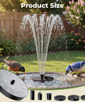 Solar Bird Bath Fountain With Six Nozzles Solar Powered Floating Pond Pump creating water spray in garden, attracting birds.