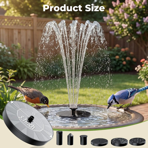 Solar Bird Bath Fountain With Six Nozzles Solar Powered Floating Pond Pump creating water spray in garden, attracting birds.