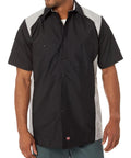 Top Shelf Mens Motorsport Button Down Shirt Short Sleeve Silver And Black with dual hex pockets, worn by a man.