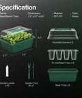 Diagram of Easy To Use 72 Cell Seed Starter Kit With Humidity Dome, showing trays, dimensions, and included tools.