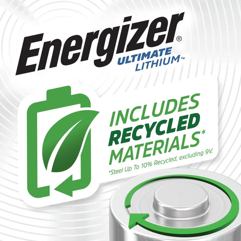 Heavy Duty Lithium Triple A Batteries 8 Pack Built For Gaming Rigs And Camera Flashes with recycled materials label.