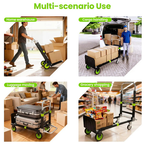 3-In-1 Folding Hand Truck Dolly With Retractable Handle And Four Wheels in various scenarios: warehouse, cargo, luggage, shopping