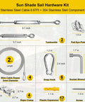 Heavy Duty Shade Sail Hardware Kit With 304 Stainless Steel Turnbuckles And Wire Ropes For Triangle Rectangle And Square Sun Shade Sails Built To Endure Patios Gardens Lawns And Outdoor Setups components with dimensions.