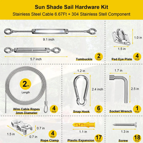 Heavy Duty Shade Sail Hardware Kit With 304 Stainless Steel Turnbuckles And Wire Ropes For Triangle Rectangle And Square Sun Shade Sails Built To Endure Patios Gardens Lawns And Outdoor Setups components with dimensions.