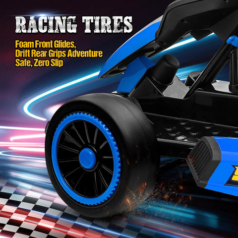 Close-up of tire on 24V Dual 200W Electric Go Kart For Kids 6 To 12, Outdoor Drift Car Ride On with EVA Tires, Blue